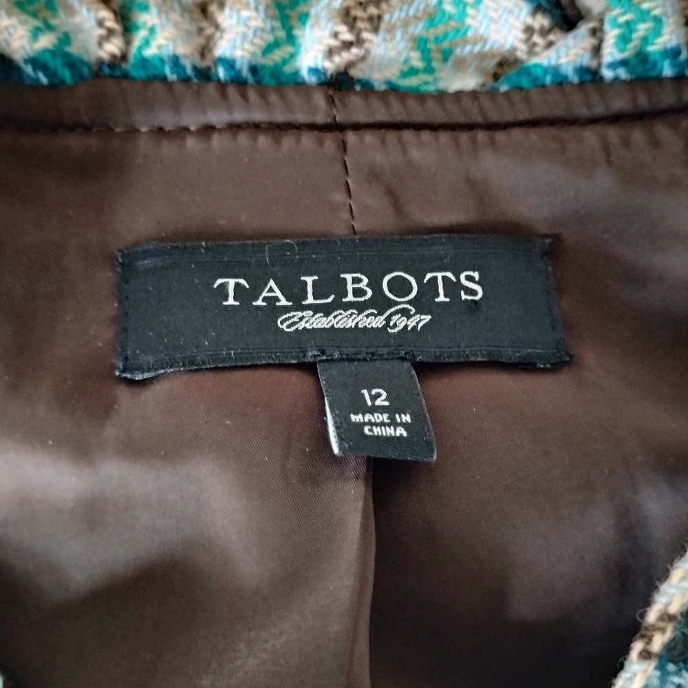 Talbots 100% Wool Ruffle Plaid Jacket Blazer Turquoise Blue Brown Classic Sz 12 - Picture 13 of 16
